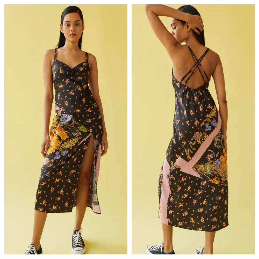 Urban Outfitters Samira Satin Slip Dress in Black Multi Floral Size Medium